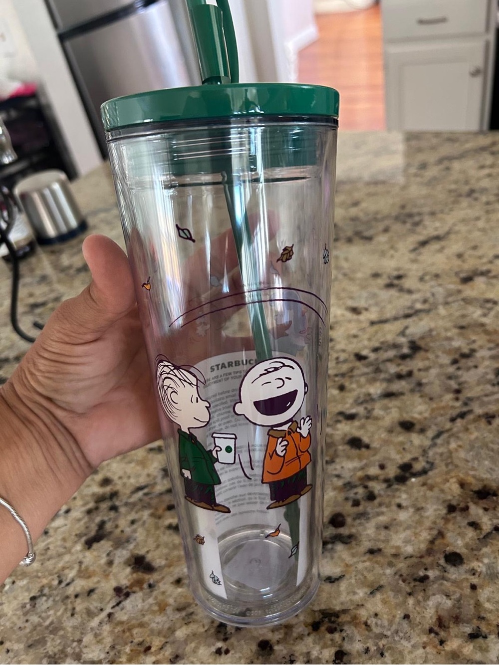 Starbucks Clear Tumbler with Green Lid and Orange & Green Peanuts Characters